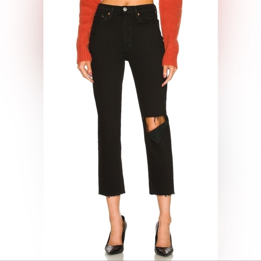 ✅ NWT Re/Done REDONE Woman’s noir Black 70’s stove pipe Distressed jeans size 25